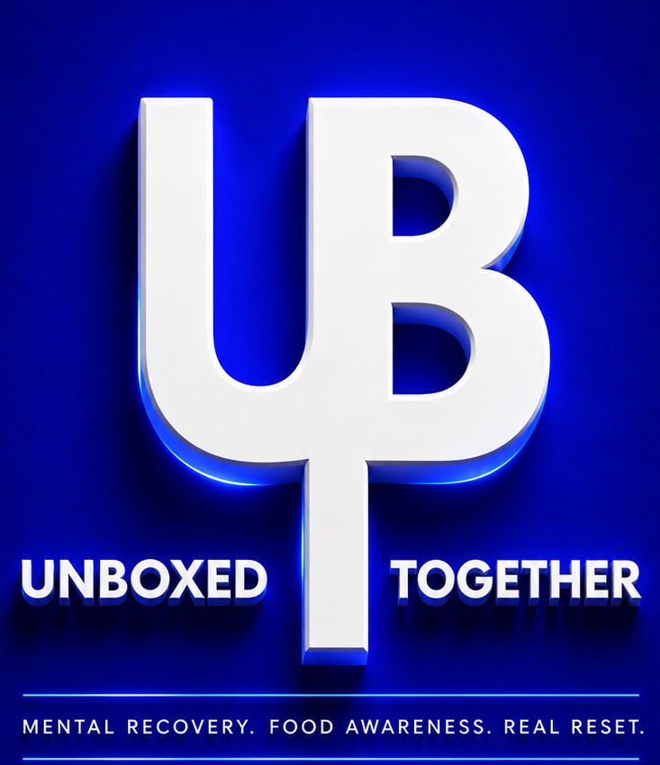 Unboxed Together three-dimensional UB logo in white on vivid blue